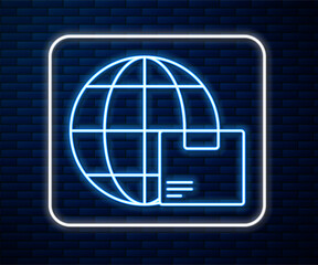 Glowing neon line Worldwide shipping and cardboard box icon isolated on brick wall background. Vector Illustration