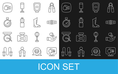 Set line Boxing glove, belt, training paws, Fitness shaker, Stopwatch, and Sport boxing shoes icon. Vector