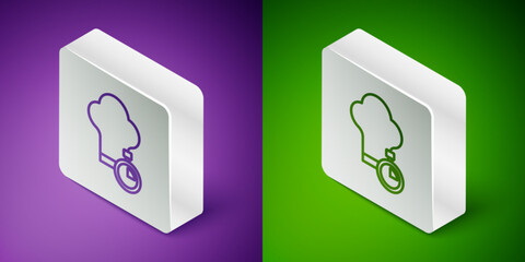 Isometric line Chef hat icon isolated on purple and green background. Cooking symbol. Cooks hat. Silver square button. Vector