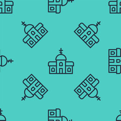 Black line Church building icon isolated seamless pattern on green background. Christian Church. Religion of church. Vector