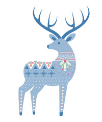 Horned deer in blue with Scandinavian patterns. Christmas decorations for cards. Flat style. Vector illustration.