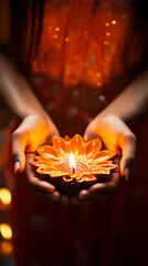Indian Woman holding lit diya lamp in hands, closeup. Diwali celebration. 