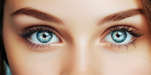 Fototapeta premium Young beautiful woman with blue eyes, closeup detail to her face, both iris visible. Generative AI