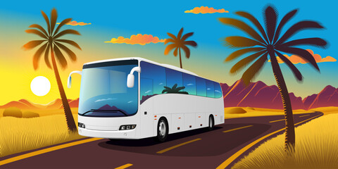 A big intercity bus is traveling on a road in an exotic country © S