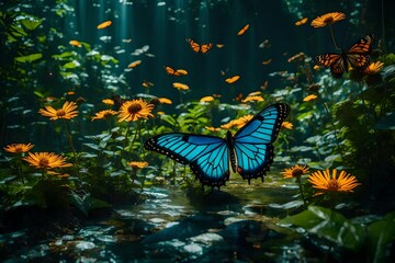 Fototapeta na wymiar A butterfly sanctuary in a fantastical world, with oversized butterflies and ethereal landscape