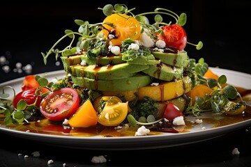 Colorful explosion: arugula, mango, prawns and cheese in an appetizing dance., generative IA