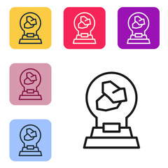 Black line Exhibition with various minerals, rocks and crystals icon isolated on white background. Minerals exhibition, mineralogy, geology expo or museum. Set icons in color square buttons. Vector