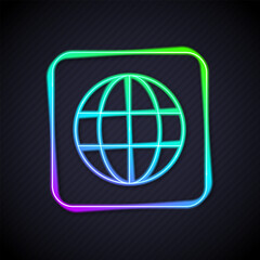 Glowing neon line Worldwide icon isolated on black background. Pin on globe. Vector