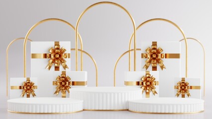 3d rendering illustration podium winter christmas festival with christmas tree,santa claus,gift boxes, ribbon,ball,snow,product, promotion sale, presentation pedestal 3d rendering on background color.