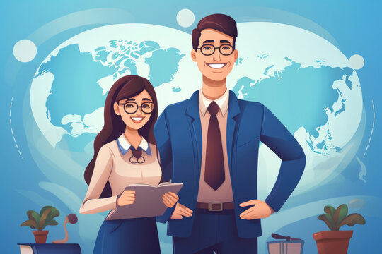 World Teachers Day cartoon illustration of man and woman teacher