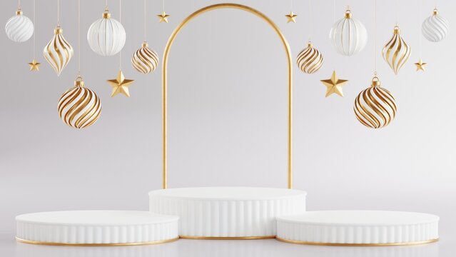 3d rendering illustration podium winter christmas festival with christmas tree,santa claus,gift boxes, ribbon,ball,snow,product, promotion sale, presentation pedestal 3d rendering on background color.