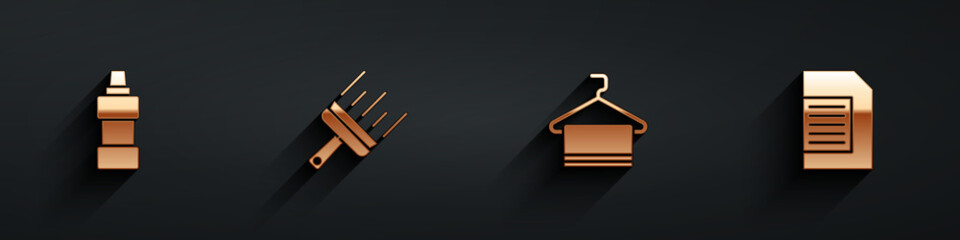 Set Bottle for cleaning agent, Rubber cleaner windows, Towel on hanger and Laundry detergent icon with long shadow. Vector