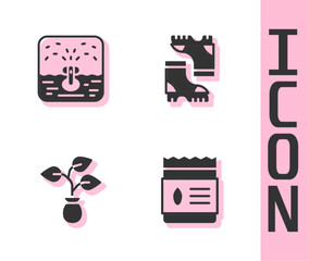 Set Pack full of seeds of plant, Automatic irrigation sprinklers, Plant and Waterproof rubber boot icon. Vector