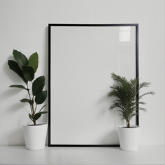 Two potted plants in front of a blank picture frame, white canvas background, white studio background, a minimalist painting, white ambient background ,white frame border. AI Generative