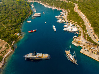 Aerial view of Yachts in the bay of the island of Paxos, Greece. Old city, sea