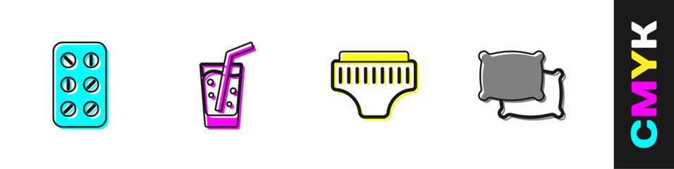 Set Pills in blister pack, Glass with water, Adult diaper and Pillow icon. Vector