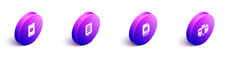 Set Isometric Online play video, Softbox light, MOV file document and Actor trailer icon. Vector