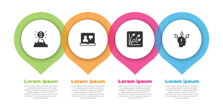 Set Mountains with flag, Online education, Financial growth increase and Project team base. Business infographic template. Vector