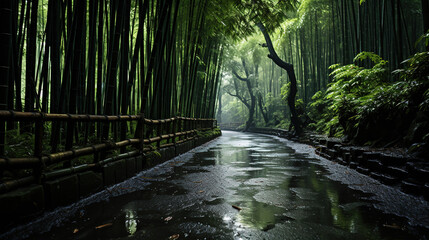 A Bamboo Forest With a Path in The Rain AI Generative