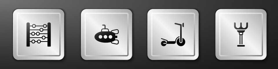 Set Abacus, Submarine toy, Roller scooter and Rake icon. Silver square button. Vector