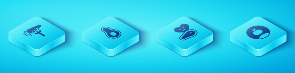 Set Isometric Carrot, Avocado fruit, Apple and Steak meat icon. Vector