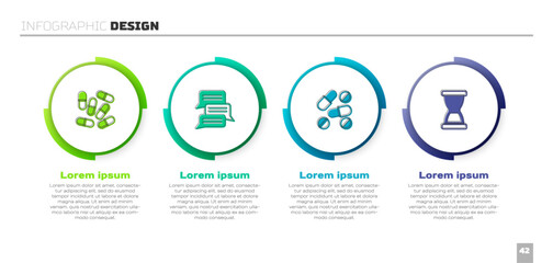 Set Medicine pill or tablet, Online psychological counseling, and Old hourglass. Business infographic template. Vector