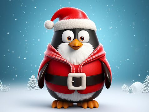 A penguin happily sports Santa outfits in a festive theme. Penguin experiencing Christmas joy. Christmas themed 3D penguin.