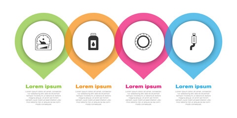Set Motor gas gauge, Canister for motor machine oil, Car tire wheel and muffler. Business infographic template. Vector