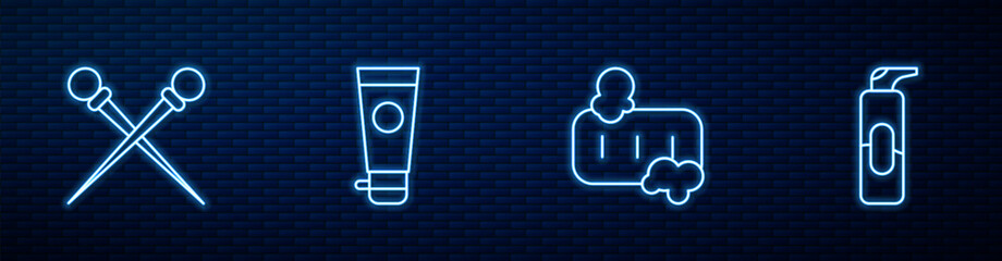 Set line Bar of soap with foam, Knitting needles, Cream or lotion cosmetic tube and Spray can for hairspray. Glowing neon icon on brick wall. Vector