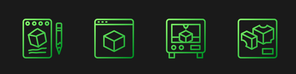 Set line 3D printer, Sketch on paper, and . Gradient color icons. Vector