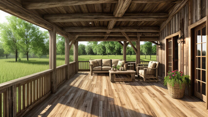 Rustic concept background of the photorealistic outdoor exterior wooden house display