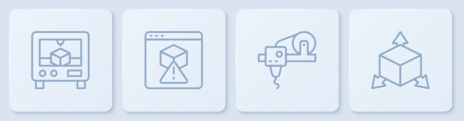 Set line 3D printer, , and Isometric cube. White square button. Vector
