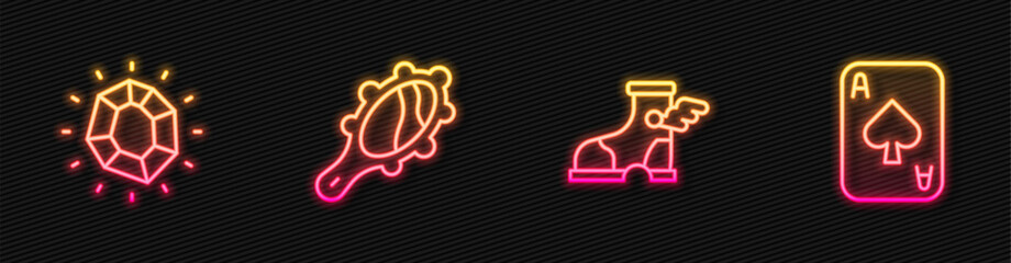 Set line Hermes sandal, Magic stone, hand mirror and Playing cards. Glowing neon icon. Vector