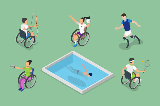 3D Isometric Flat Vector Set of Disabled Sportsmen, Athletes with Physical Disabilities