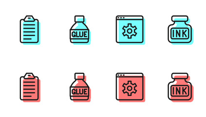 Set line Browser setting, To do list or planning, Glue and Inkwell icon. Vector