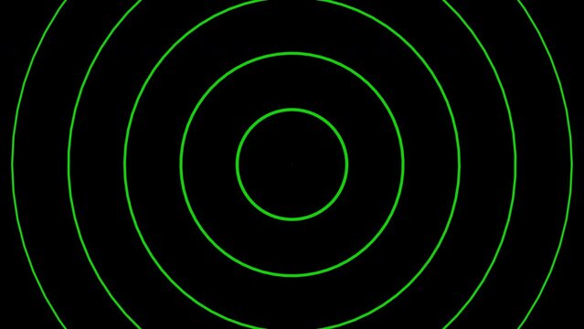Green radar transmitting radio waves, radial ultrasound on black background