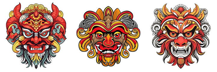 Fototapeta premium Mask design in traditional balinese motifs, indian mask, colorful cartoon, dynamic and exaggerated facial expressions on white background. Generative ai.