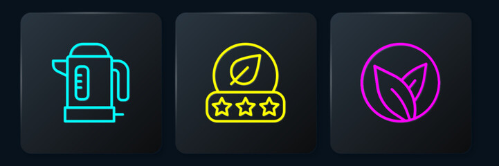 Set line Electric kettle, Tea leaf and . Black square button. Vector