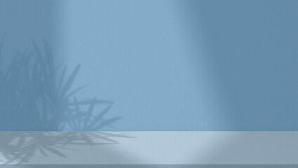 Background studio Cement room display with shadow palm tree and sunlight on blue wall texture...