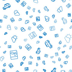 Set line Glass of whiskey with ice, Car and Sun and cloud weather on seamless pattern. Vector