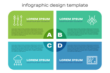 Set line Cloud with rain, Grilled shish kebab on skewer, Folded map and Mosquito. Business infographic template. Vector