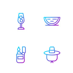 Set line Camping hat, Lighter, Wine glass and Watermelon. Gradient color icons. Vector
