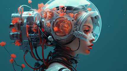 Young female humanoid head is connected to a super computer, symbolizing artificial intelligence. Futuristic illustration of the relationship between humans and neural networks. Copy space