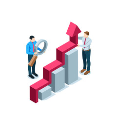 isometric man puts an arrow on a chart in color on a white background, business success or data work