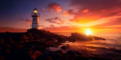 Fotobehang Lighthouse at sunset on the coast. © StockPhotoAstur