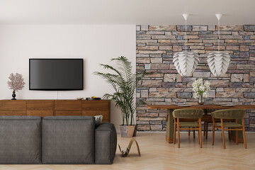 Living room with dining table, sofa and tv set. 3d render.