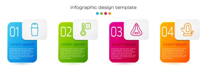 Set line Sauna bucket, thermometer, hat and mitten. Business infographic template. Vector