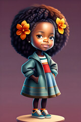 Cute little african smiling girl is standing. Funny, beautiful, little african american black girl with afro hairstyle. Cartoon African American Woman Fantasy Character Image Generated by AI.