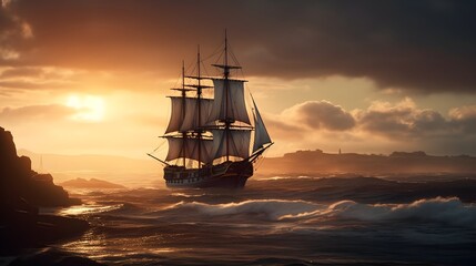 Obraz premium Old wooden sailing ship or pirate ship set sail to the wild ocean with big wave and cloudy sky evening sunset. Generative AI technology.