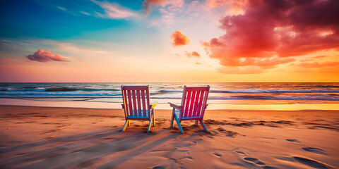 Two empty beach chairs on beach at sunset.